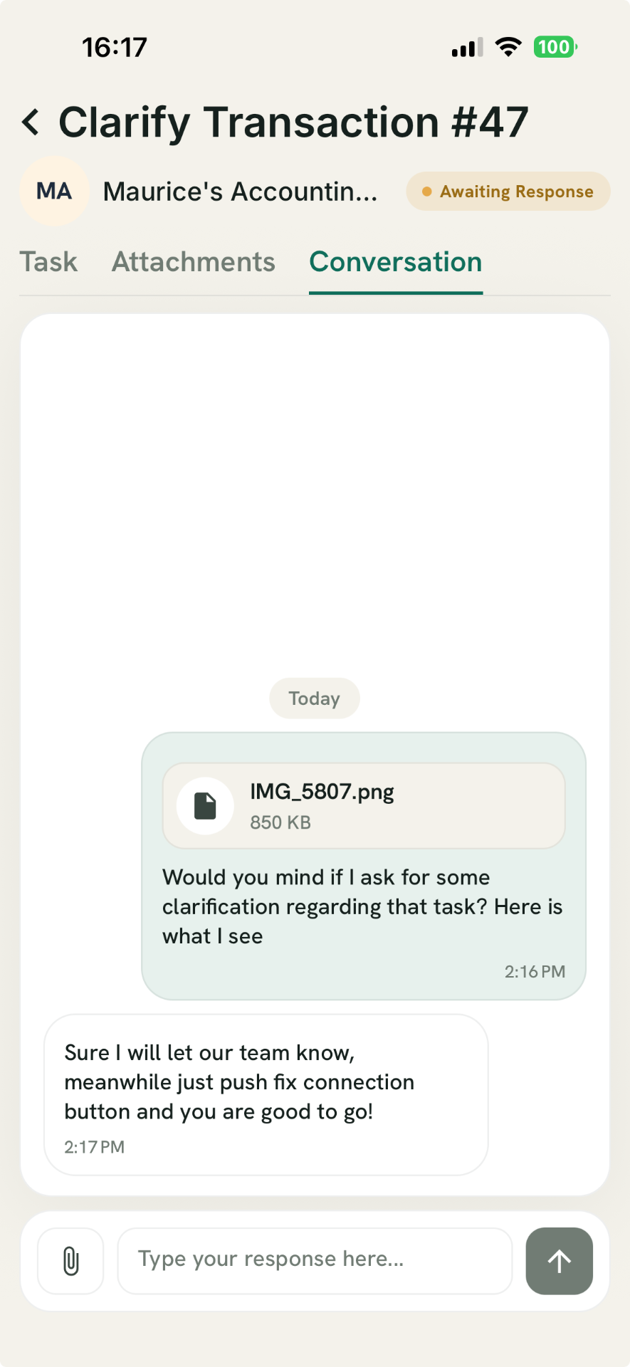 Two-way conversation in the Ledgersync client mobile app
