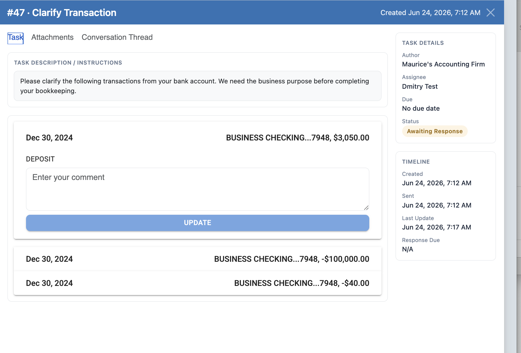 Clarify Transaction task showing transaction details and instructions inside Ledgersync