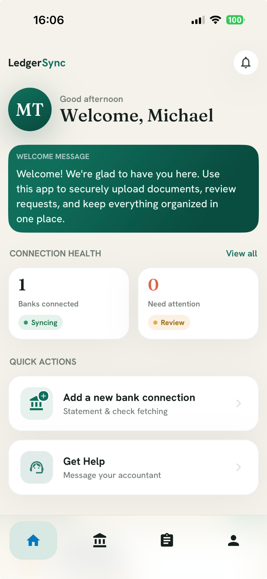 Client home dashboard in the Ledgersync client mobile app
