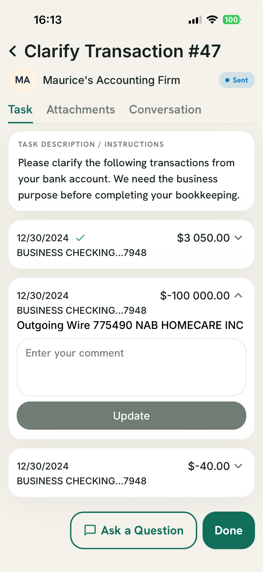 Task detail with comments in the Ledgersync client mobile app