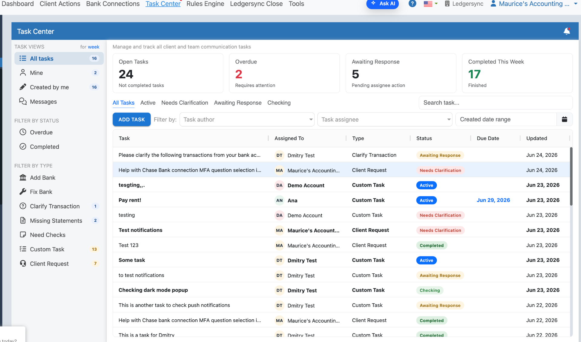 Ledgersync Task Center showing all client and team tasks with status, assignee, and type filters