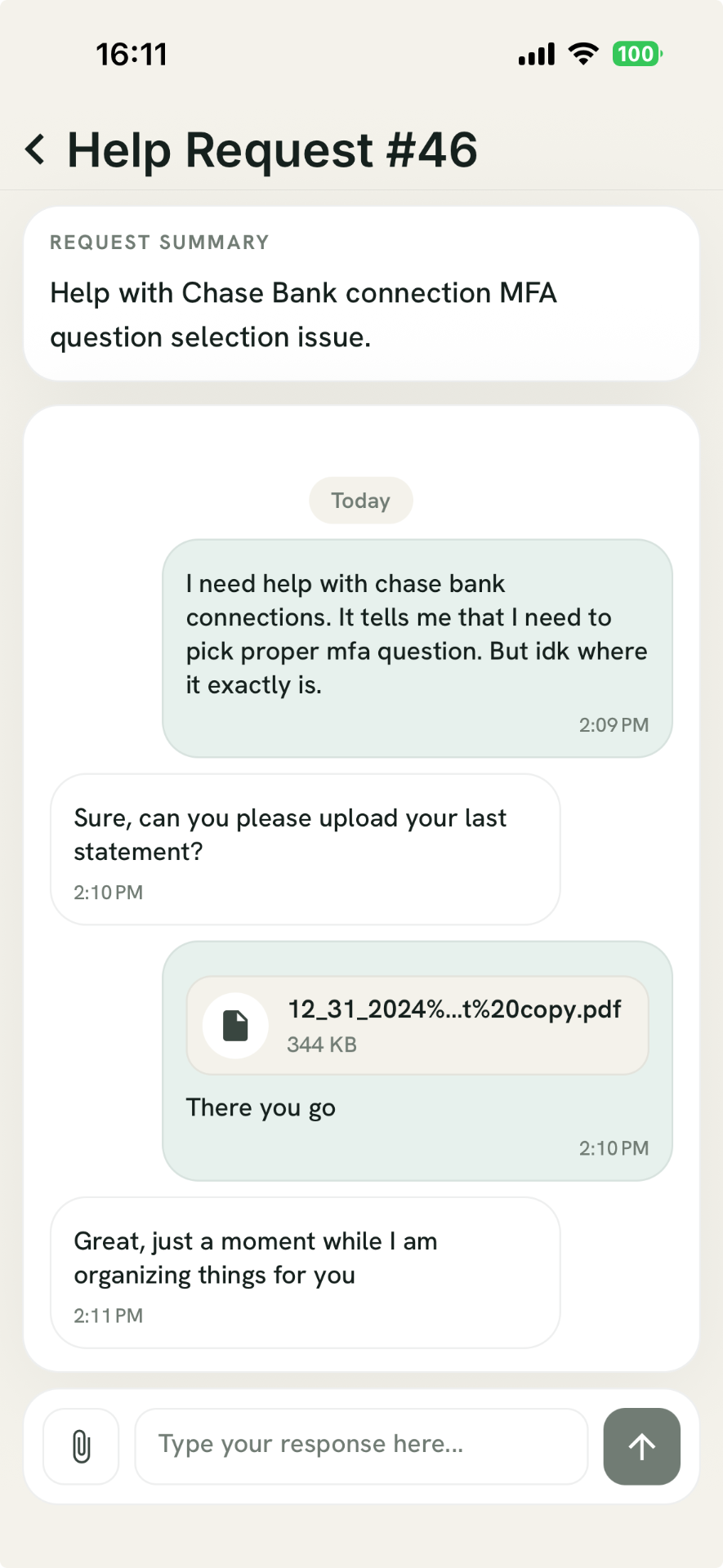 Help request with file sharing in the Ledgersync client mobile app
