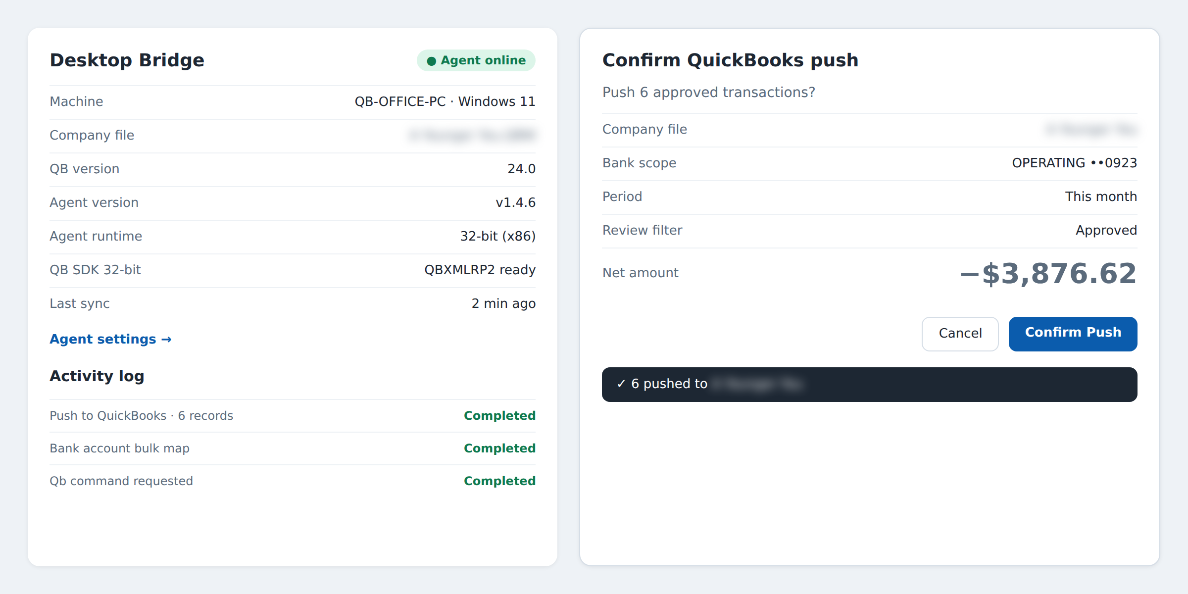 Desktop Bridge status panel next to the Confirm QuickBooks push panel