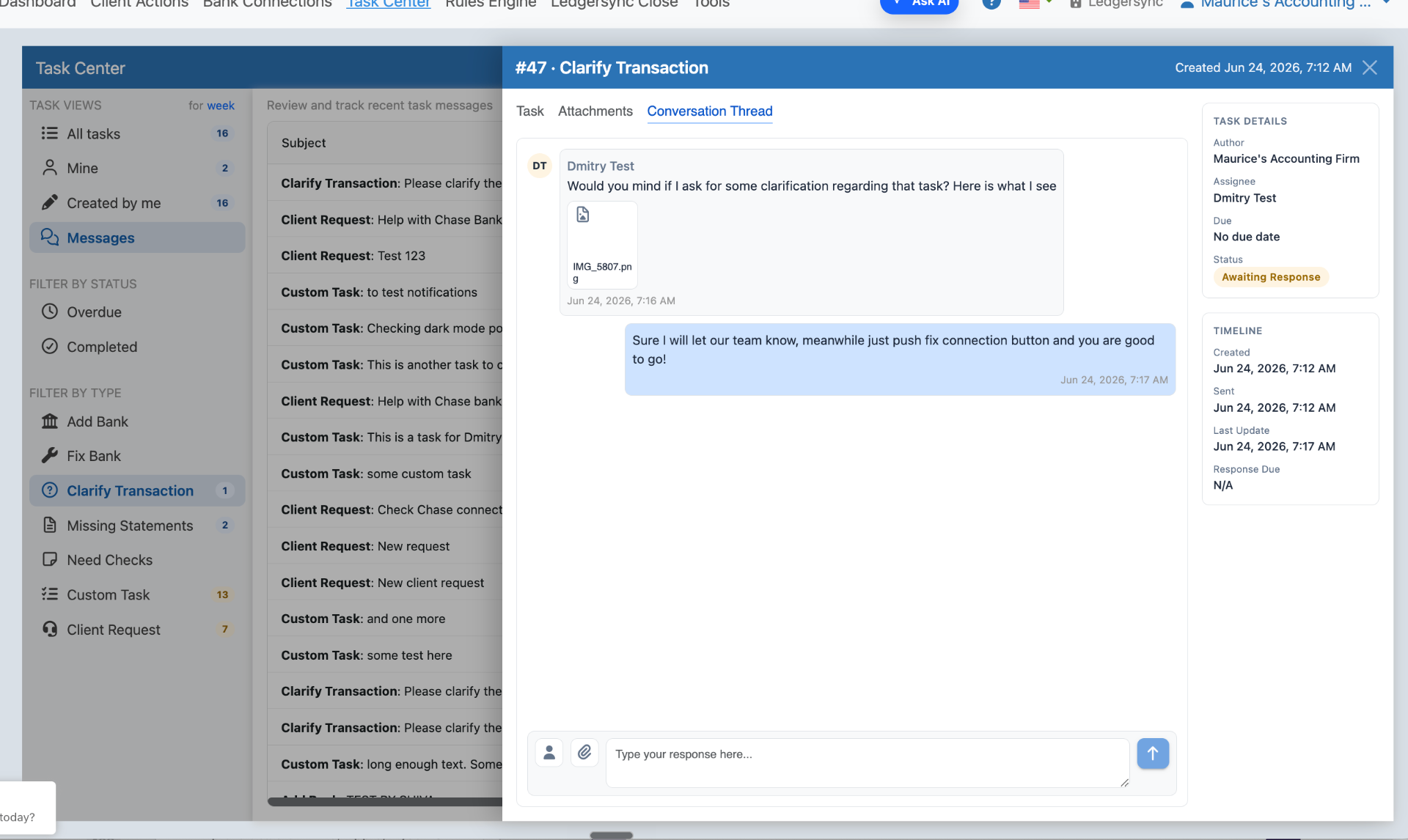 Task conversation thread between an accounting firm and a client inside Ledgersync
