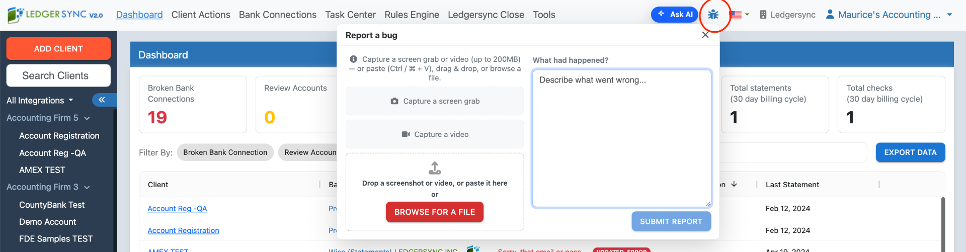 Ledgersync Report a bug modal — capture a screen grab or video up to 200MB, paste, drag & drop, or browse a file, and describe what happened